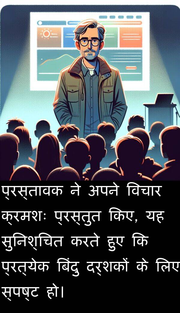 हो।: प्रस्तावक ने अपने विचार क्रमशः प्रस्तुत किए, यह सुनिश्चित करते हुए कि प्रत्येक बिंदु दर्शकों के लिए स्पष्ट हो।