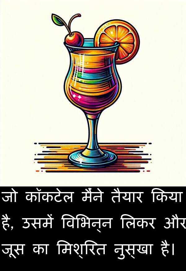 लिकर: जो कॉकटेल मैंने तैयार किया है, उसमें विभिन्न लिकर और जूस का मिश्रित नुस्खा है।