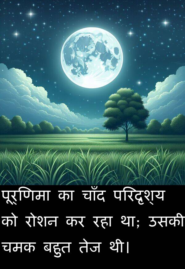 परिदृश्य: पूर्णिमा का चाँद परिदृश्य को रोशन कर रहा था; उसकी चमक बहुत तेज थी।