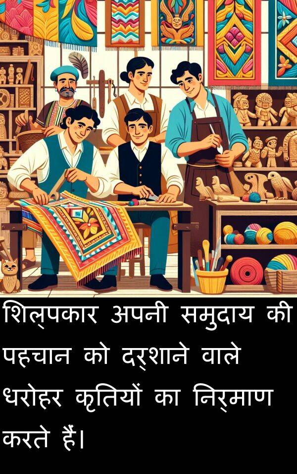 धरोहर: शिल्पकार अपनी समुदाय की पहचान को दर्शाने वाले धरोहर कृतियों का निर्माण करते हैं।