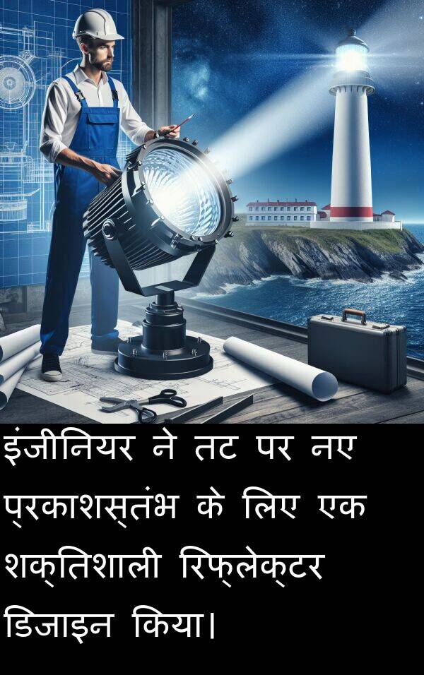 प्रकाशस्तंभ: इंजीनियर ने तट पर नए प्रकाशस्तंभ के लिए एक शक्तिशाली रिफ्लेक्टर डिजाइन किया।