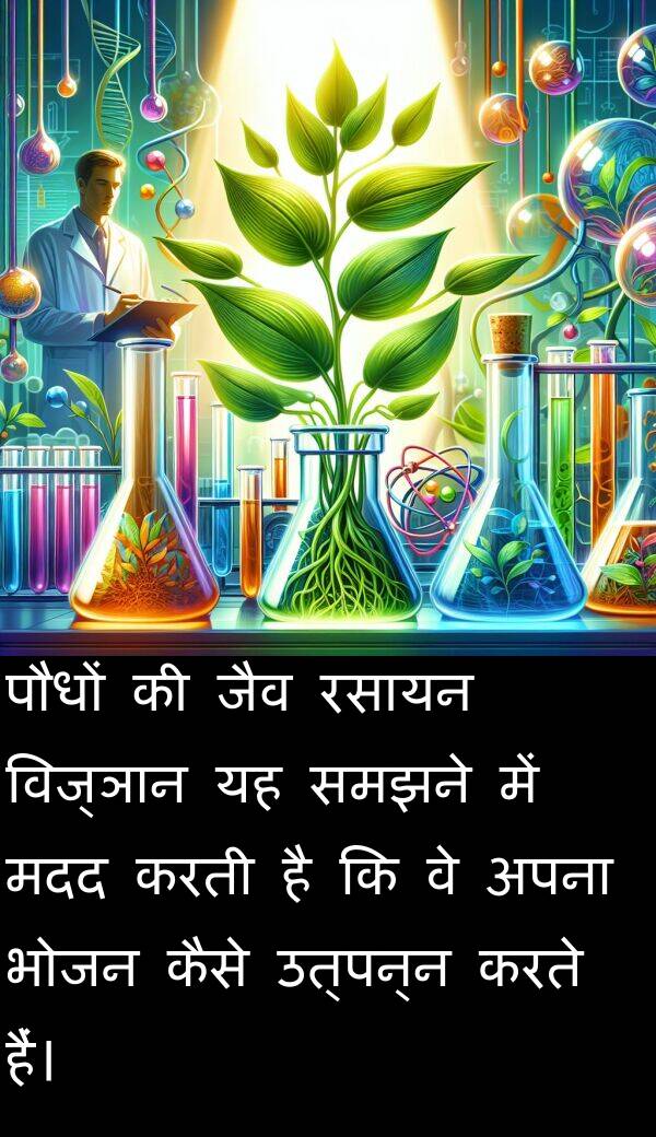 उत्पन्न: पौधों की जैव रसायन विज्ञान यह समझने में मदद करती है कि वे अपना भोजन कैसे उत्पन्न करते हैं।