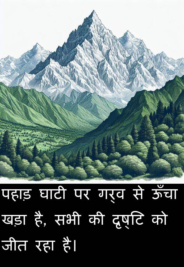 गर्व: पहाड़ घाटी पर गर्व से ऊँचा खड़ा है, सभी की दृष्टि को जीत रहा है।
