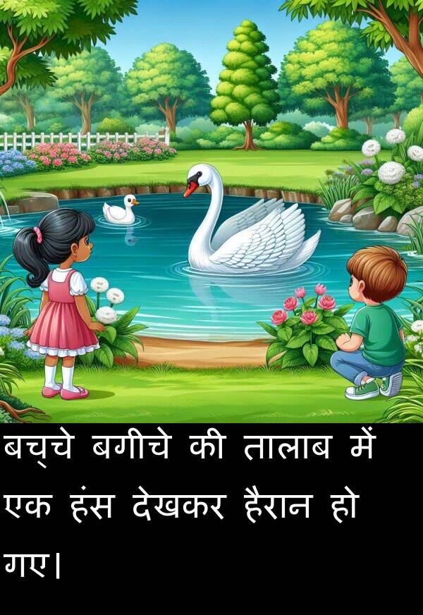 बगीचे: बच्चे बगीचे की तालाब में एक हंस देखकर हैरान हो गए।