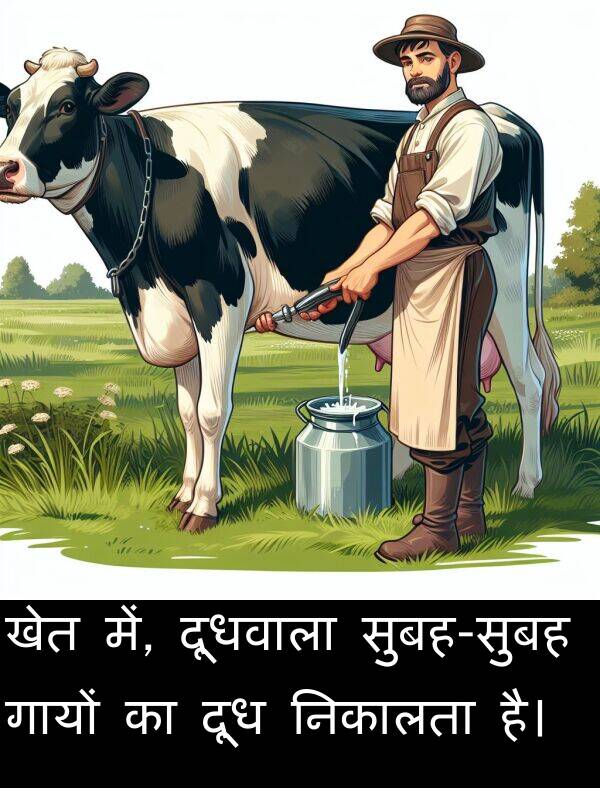खेत: खेत में, दूधवाला सुबह-सुबह गायों का दूध निकालता है।