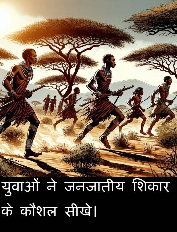 युवाओं: युवाओं ने जनजातीय शिकार के कौशल सीखे।