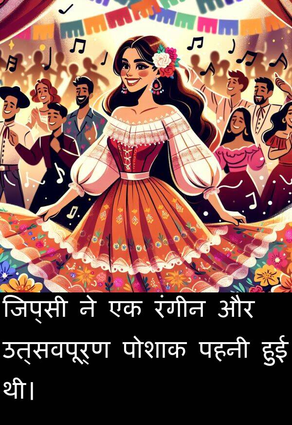 पहनी: जिप्सी ने एक रंगीन और उत्सवपूर्ण पोशाक पहनी हुई थी।