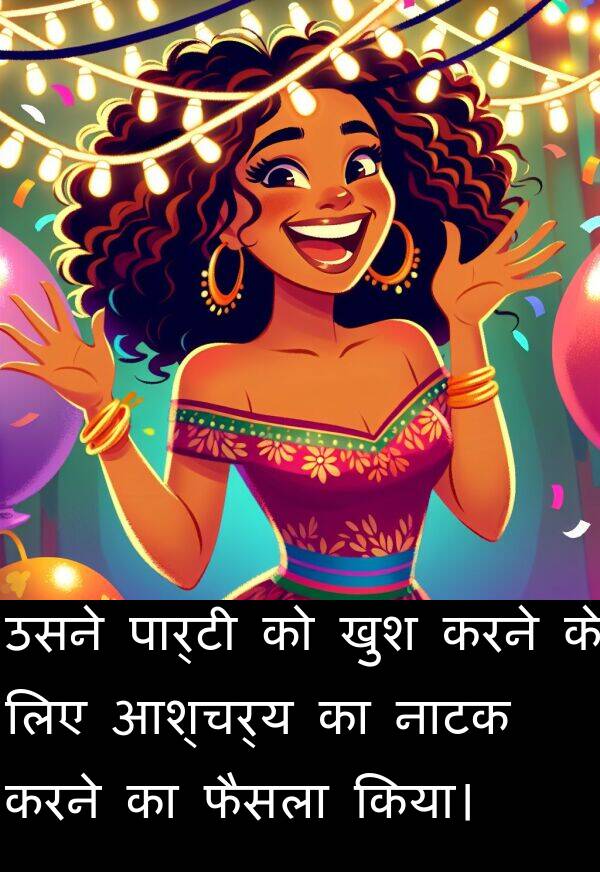 नाटक: उसने पार्टी को खुश करने के लिए आश्चर्य का नाटक करने का फैसला किया।