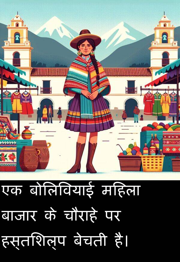 बाजार: एक बोलिवियाई महिला बाजार के चौराहे पर हस्तशिल्प बेचती है।