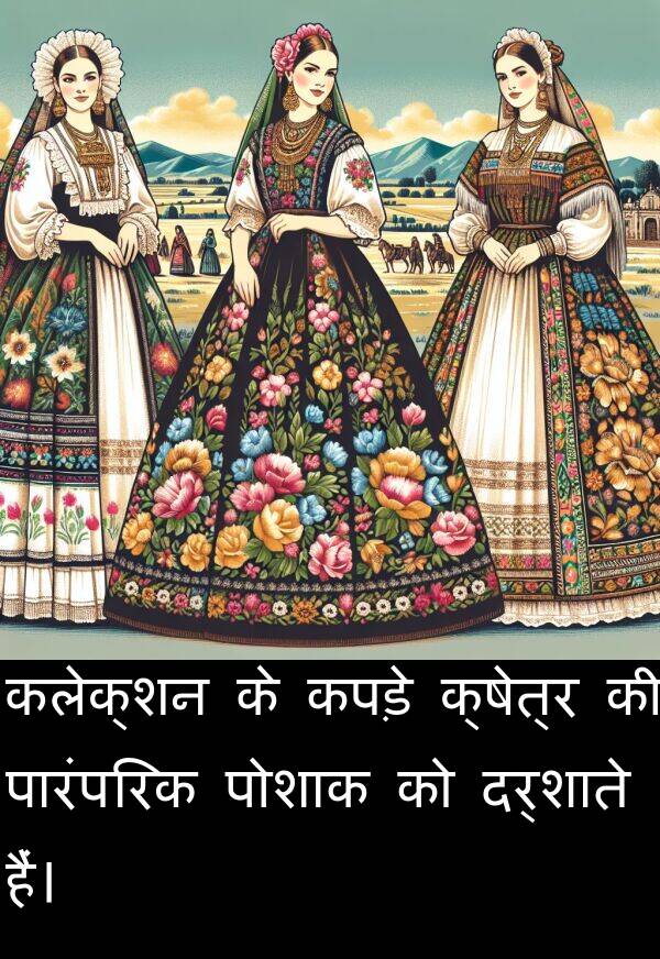 कपड़े: कलेक्शन के कपड़े क्षेत्र की पारंपरिक पोशाक को दर्शाते हैं।