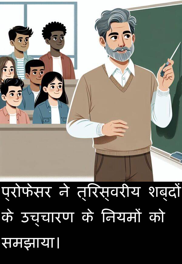 उच्चारण: प्रोफेसर ने त्रिस्वरीय शब्दों के उच्चारण के नियमों को समझाया।