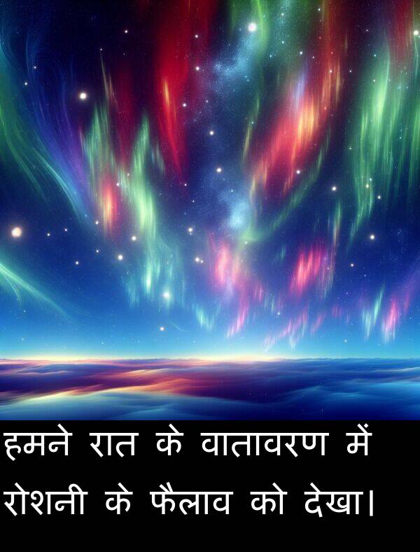 फैलाव: हमने रात के वातावरण में रोशनी के फैलाव को देखा।