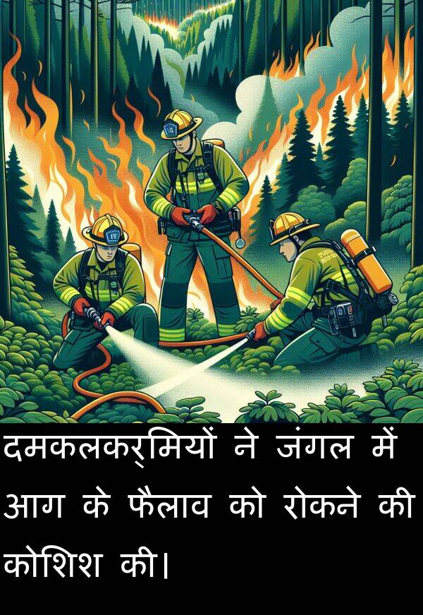 फैलाव: दमकलकर्मियों ने जंगल में आग के फैलाव को रोकने की कोशिश की।