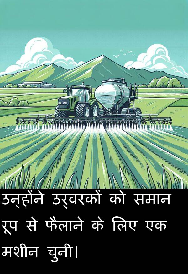उर्वरकों: उन्होंने उर्वरकों को समान रूप से फैलाने के लिए एक मशीन चुनी।