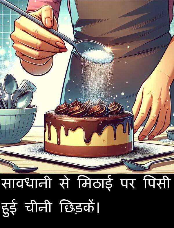 छिड़कें।: सावधानी से मिठाई पर पिसी हुई चीनी छिड़कें।