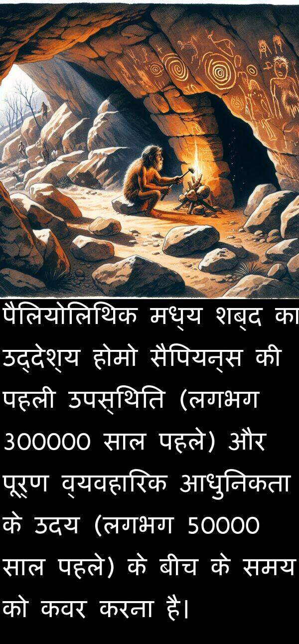उपस्थिति: पैलियोलिथिक मध्य शब्द का उद्देश्य होमो सैपियन्स की पहली उपस्थिति (लगभग 300000 साल पहले) और पूर्ण व्यवहारिक आधुनिकता के उदय (लगभग 50000 साल पहले) के बीच के समय को कवर करना है।