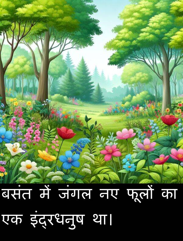 फूलों: बसंत में जंगल नए फूलों का एक इंद्रधनुष था।