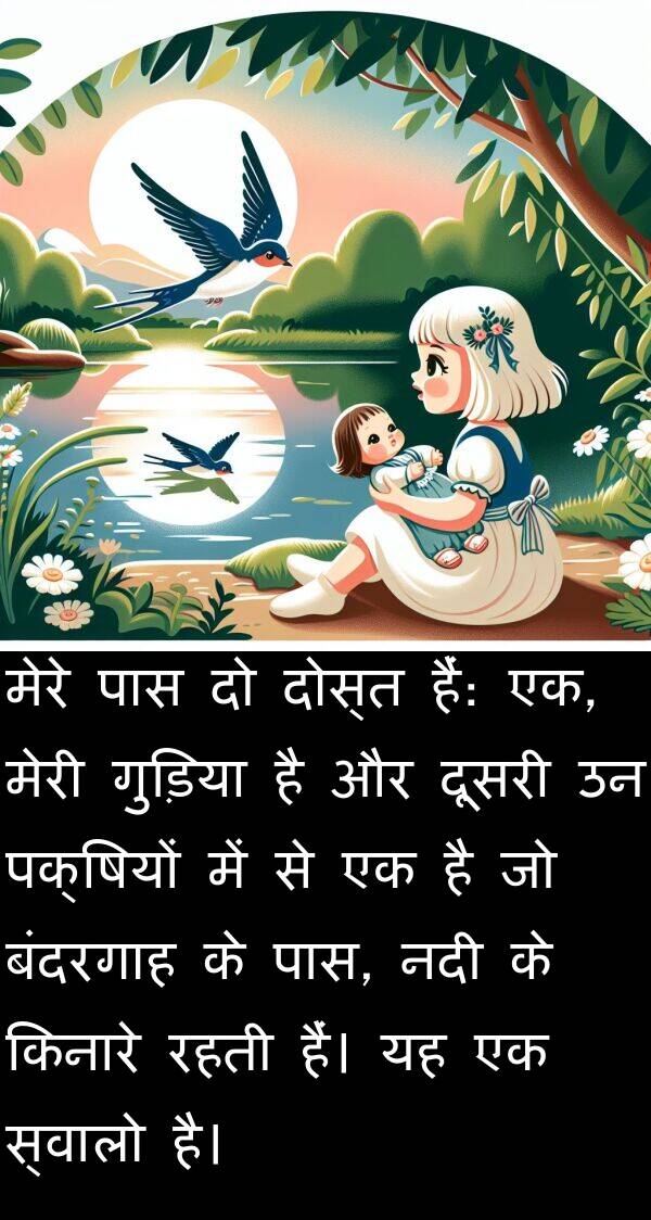 पक्षियों: मेरे पास दो दोस्त हैं: एक, मेरी गुड़िया है और दूसरी उन पक्षियों में से एक है जो बंदरगाह के पास, नदी के किनारे रहती हैं। यह एक स्वालो है।