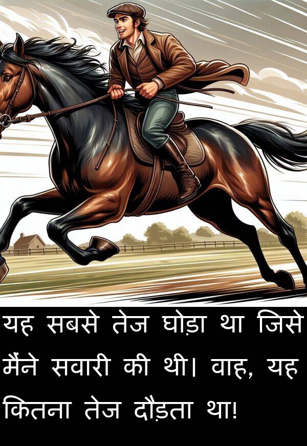वाह: यह सबसे तेज घोड़ा था जिसे मैंने सवारी की थी। वाह, यह कितना तेज दौड़ता था!