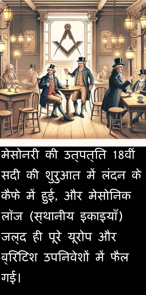 उत्पत्ति: मेसोनरी की उत्पत्ति 18वीं सदी की शुरुआत में लंदन के कैफे में हुई, और मेसोनिक लॉज (स्थानीय इकाइयाँ) जल्द ही पूरे यूरोप और ब्रिटिश उपनिवेशों में फैल गईं।