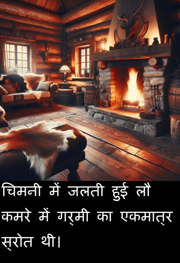 गर्मी: चिमनी में जलती हुई लौ कमरे में गर्मी का एकमात्र स्रोत थी।