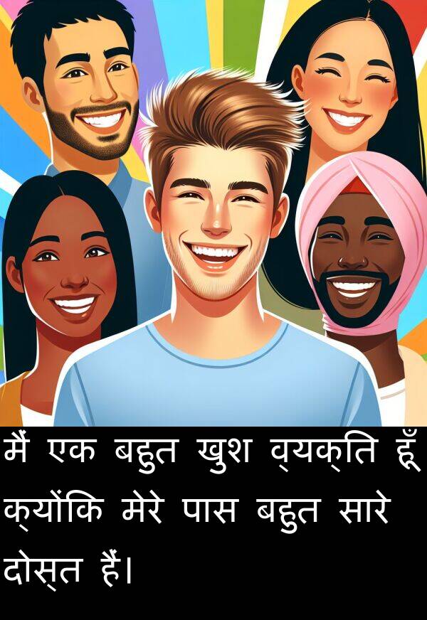 खुश: मैं एक बहुत खुश व्यक्ति हूँ क्योंकि मेरे पास बहुत सारे दोस्त हैं।