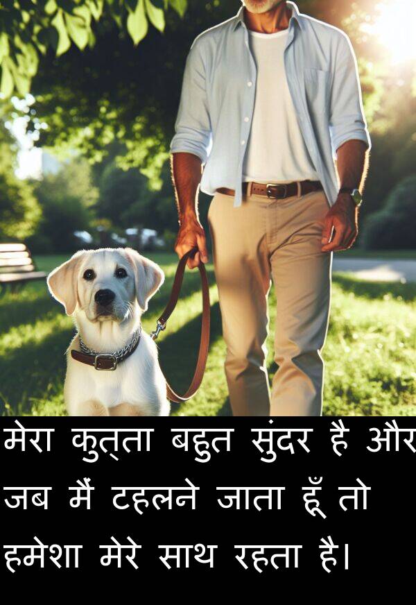 टहलने: मेरा कुत्ता बहुत सुंदर है और जब मैं टहलने जाता हूँ तो हमेशा मेरे साथ रहता है।