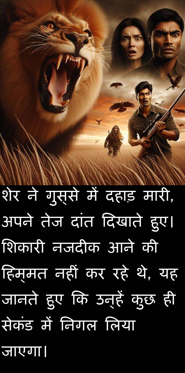 नजदीक: शेर ने गुस्से में दहाड़ मारी, अपने तेज दांत दिखाते हुए। शिकारी नजदीक आने की हिम्मत नहीं कर रहे थे, यह जानते हुए कि उन्हें कुछ ही सेकंड में निगल लिया जाएगा।