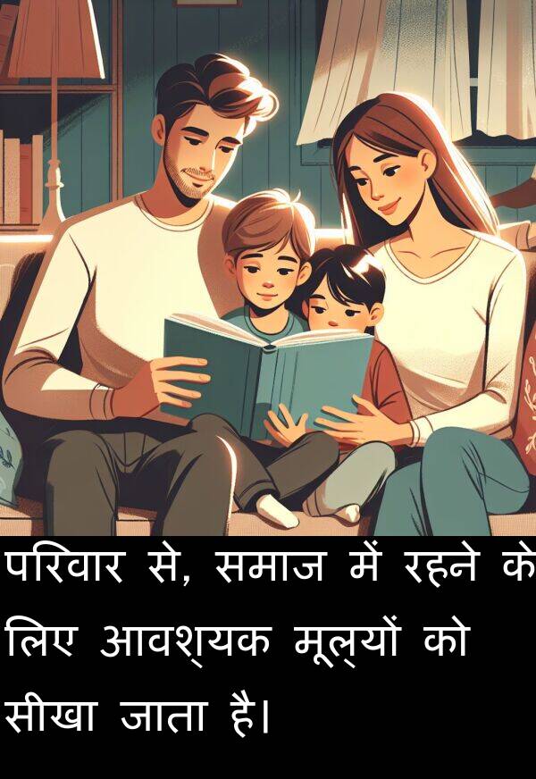 परिवार: परिवार से, समाज में रहने के लिए आवश्यक मूल्यों को सीखा जाता है।