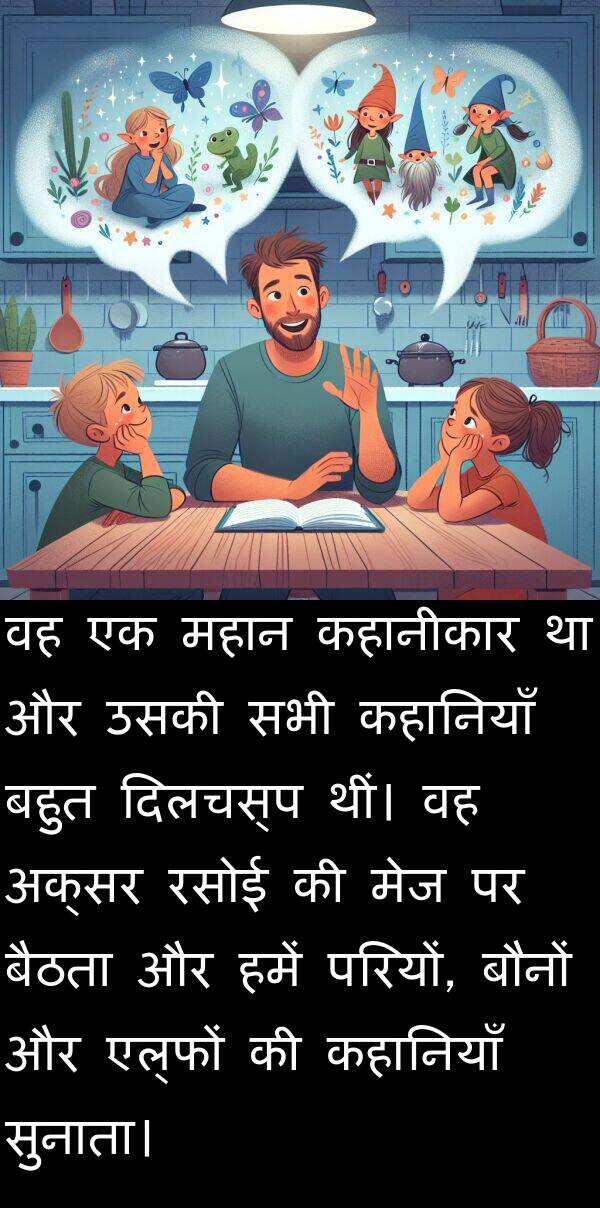परियों: वह एक महान कहानीकार था और उसकी सभी कहानियाँ बहुत दिलचस्प थीं। वह अक्सर रसोई की मेज पर बैठता और हमें परियों, बौनों और एल्फों की कहानियाँ सुनाता।