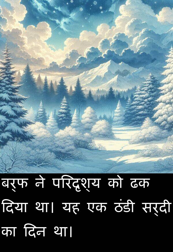 परिदृश्य: बर्फ ने परिदृश्य को ढक दिया था। यह एक ठंडी सर्दी का दिन था।