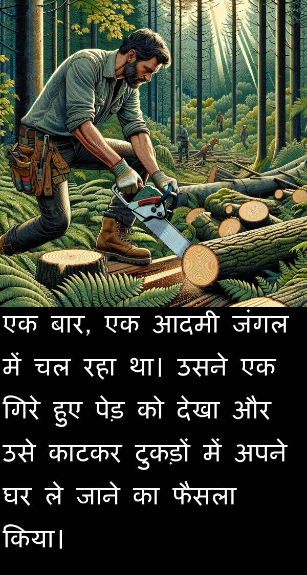 गिरे: एक बार, एक आदमी जंगल में चल रहा था। उसने एक गिरे हुए पेड़ को देखा और उसे काटकर टुकड़ों में अपने घर ले जाने का फैसला किया।