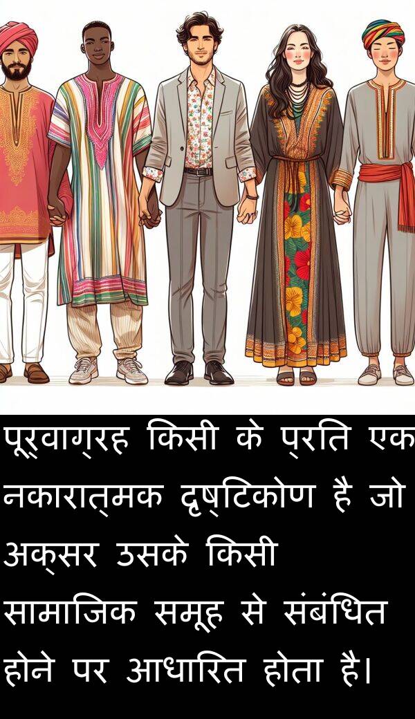 दृष्टिकोण: पूर्वाग्रह किसी के प्रति एक नकारात्मक दृष्टिकोण है जो अक्सर उसके किसी सामाजिक समूह से संबंधित होने पर आधारित होता है।