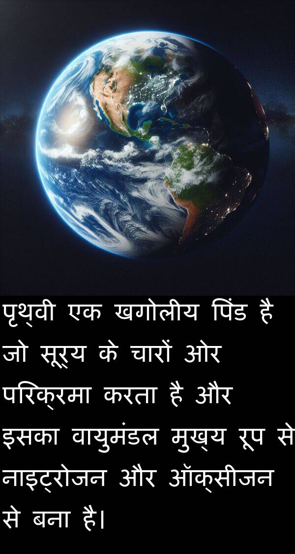 सूर्य: पृथ्वी एक खगोलीय पिंड है जो सूर्य के चारों ओर परिक्रमा करता है और इसका वायुमंडल मुख्य रूप से नाइट्रोजन और ऑक्सीजन से बना है।
