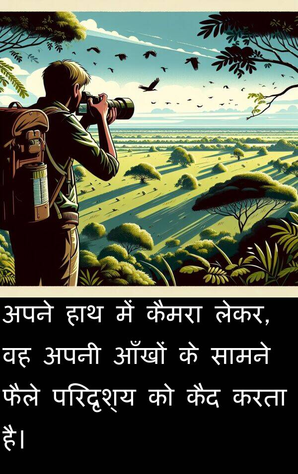 लेकर: अपने हाथ में कैमरा लेकर, वह अपनी आँखों के सामने फैले परिदृश्य को कैद करता है।