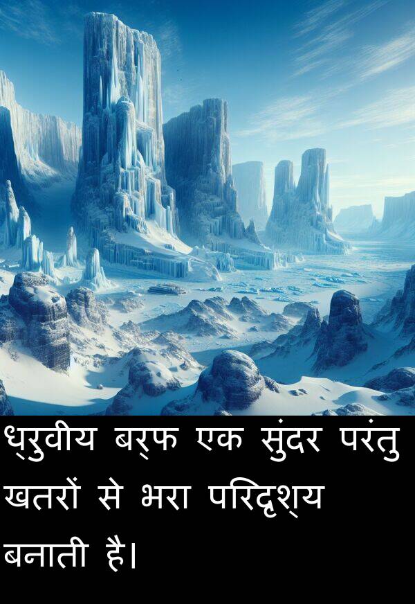 परिदृश्य: ध्रुवीय बर्फ एक सुंदर परंतु खतरों से भरा परिदृश्य बनाती है।