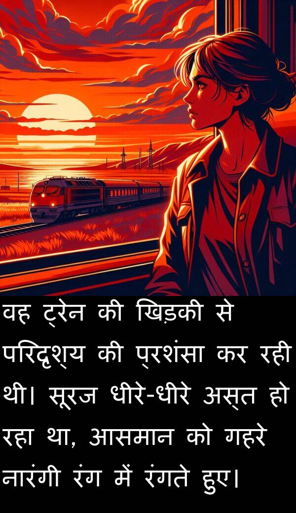 परिदृश्य: वह ट्रेन की खिड़की से परिदृश्य की प्रशंसा कर रही थी। सूरज धीरे-धीरे अस्त हो रहा था, आसमान को गहरे नारंगी रंग में रंगते हुए।