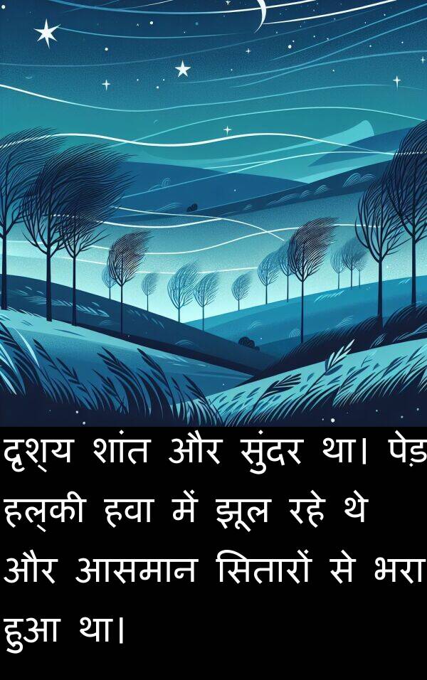 आसमान: दृश्य शांत और सुंदर था। पेड़ हल्की हवा में झूल रहे थे और आसमान सितारों से भरा हुआ था।