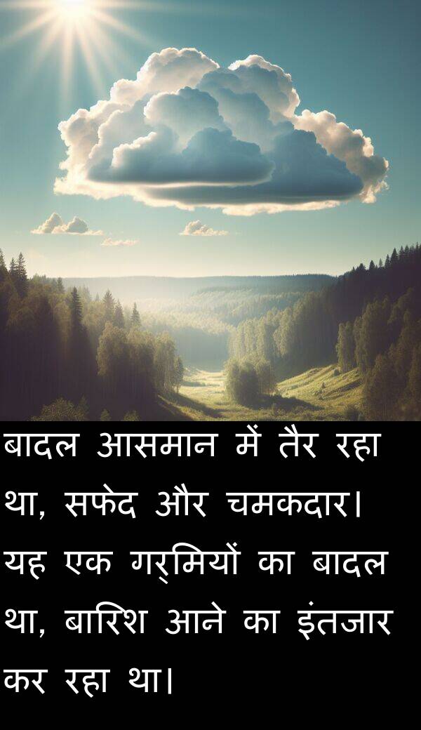 गर्मियों: बादल आसमान में तैर रहा था, सफेद और चमकदार। यह एक गर्मियों का बादल था, बारिश आने का इंतजार कर रहा था।