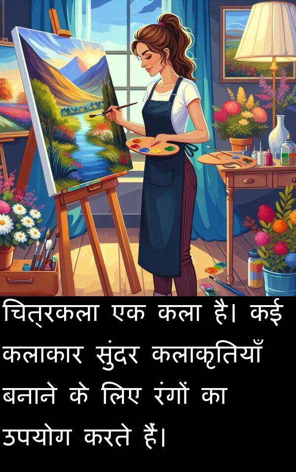 बनाने: चित्रकला एक कला है। कई कलाकार सुंदर कलाकृतियाँ बनाने के लिए रंगों का उपयोग करते हैं।