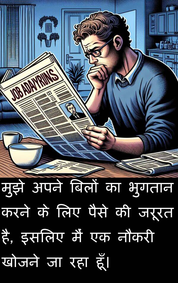 खोजने: मुझे अपने बिलों का भुगतान करने के लिए पैसे की जरूरत है, इसलिए मैं एक नौकरी खोजने जा रहा हूँ।