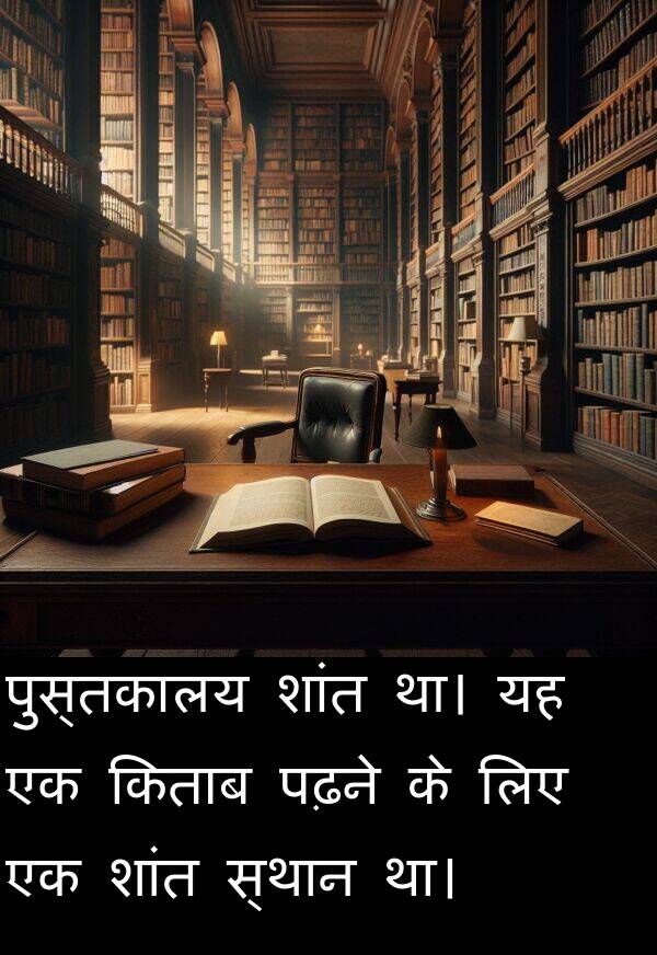 पुस्तकालय: पुस्तकालय शांत था। यह एक किताब पढ़ने के लिए एक शांत स्थान था।