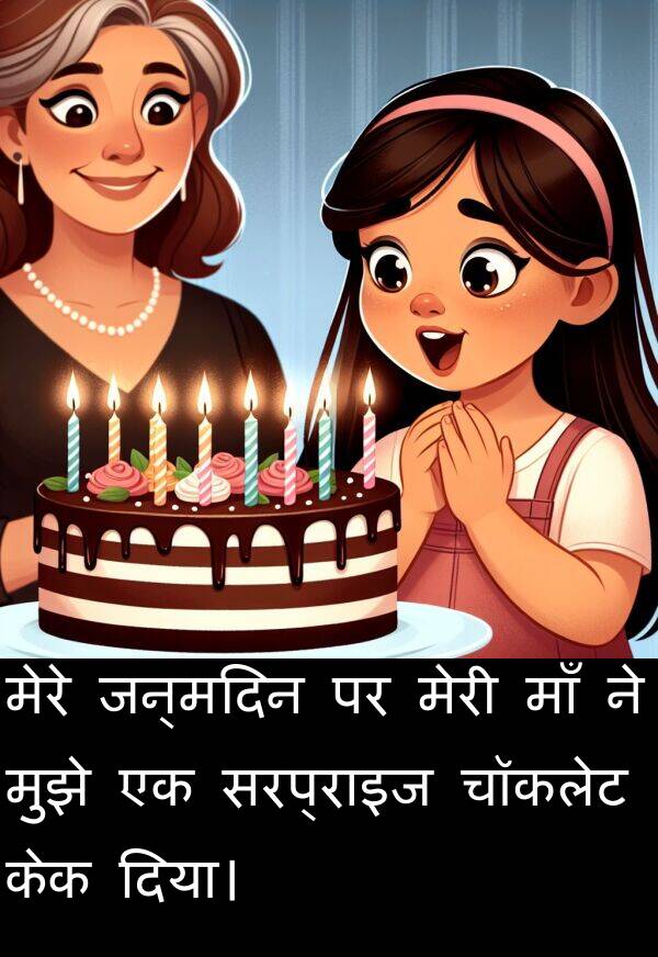चॉकलेट: मेरे जन्मदिन पर मेरी माँ ने मुझे एक सरप्राइज चॉकलेट केक दिया।