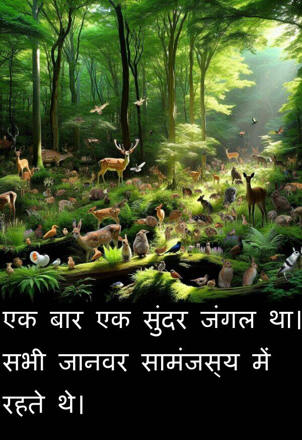 रहते: एक बार एक सुंदर जंगल था। सभी जानवर सामंजस्य में रहते थे।