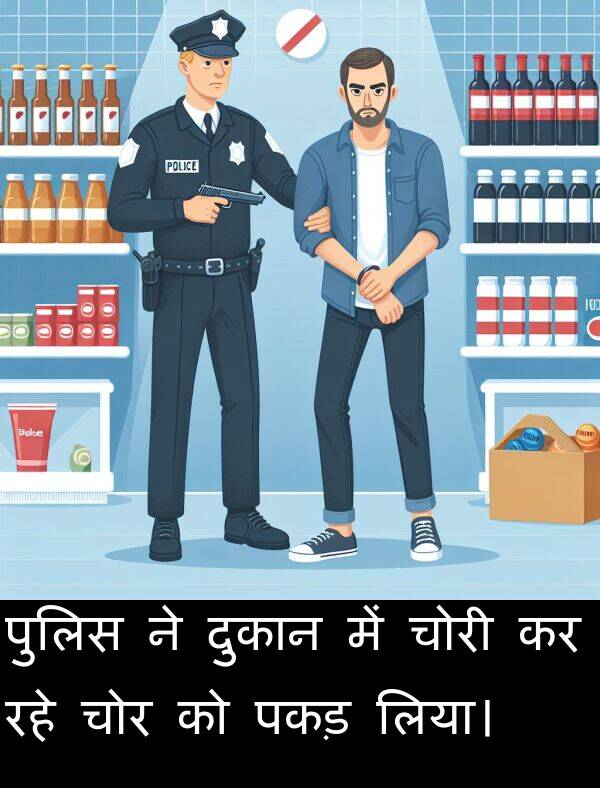 लिया।: पुलिस ने दुकान में चोरी कर रहे चोर को पकड़ लिया।
