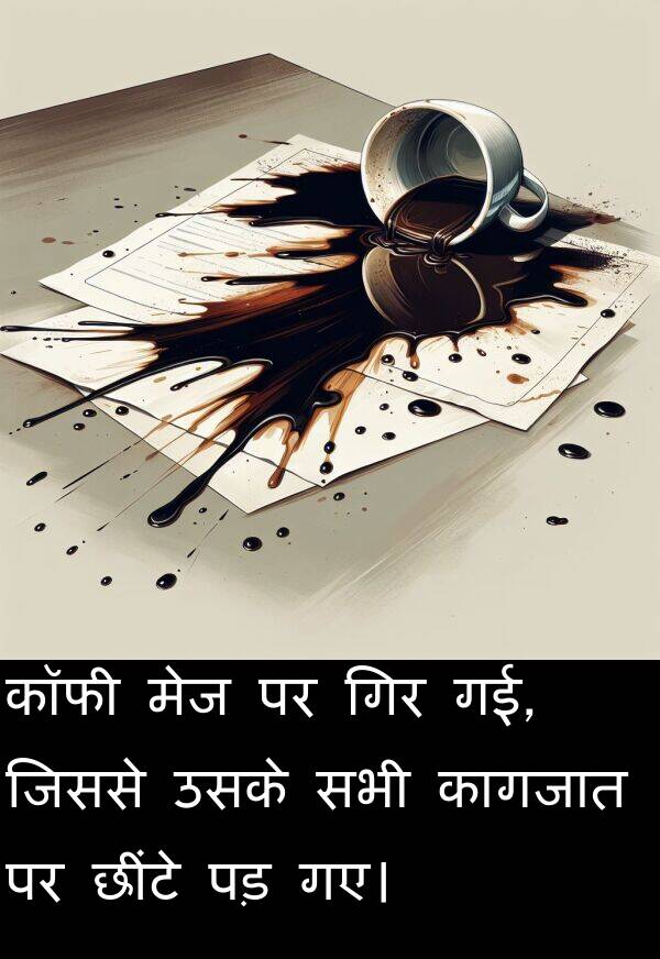 पड़: कॉफी मेज पर गिर गई, जिससे उसके सभी कागजात पर छींटे पड़ गए।