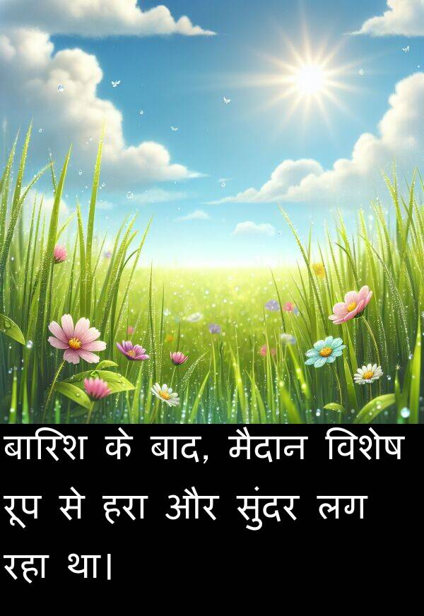 हरा: बारिश के बाद, मैदान विशेष रूप से हरा और सुंदर लग रहा था।