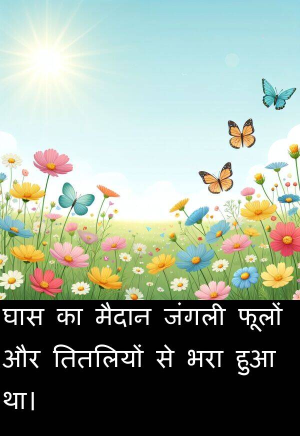 फूलों: घास का मैदान जंगली फूलों और तितलियों से भरा हुआ था।