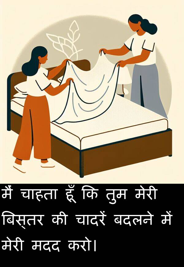 चादरें: मैं चाहता हूँ कि तुम मेरी बिस्तर की चादरें बदलने में मेरी मदद करो।