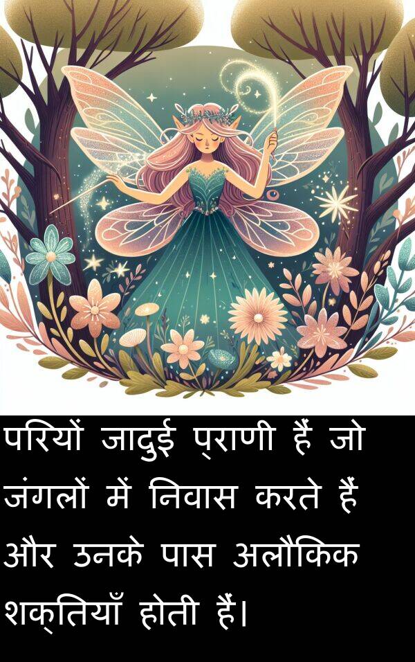 परियों: परियों जादुई प्राणी हैं जो जंगलों में निवास करते हैं और उनके पास अलौकिक शक्तियाँ होती हैं।